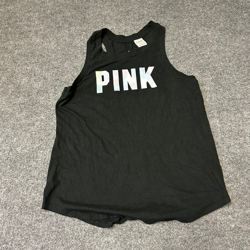 PINK Tank Top Womens Size S Black Holographic Logo Open Back Athletic Gym Shirt
